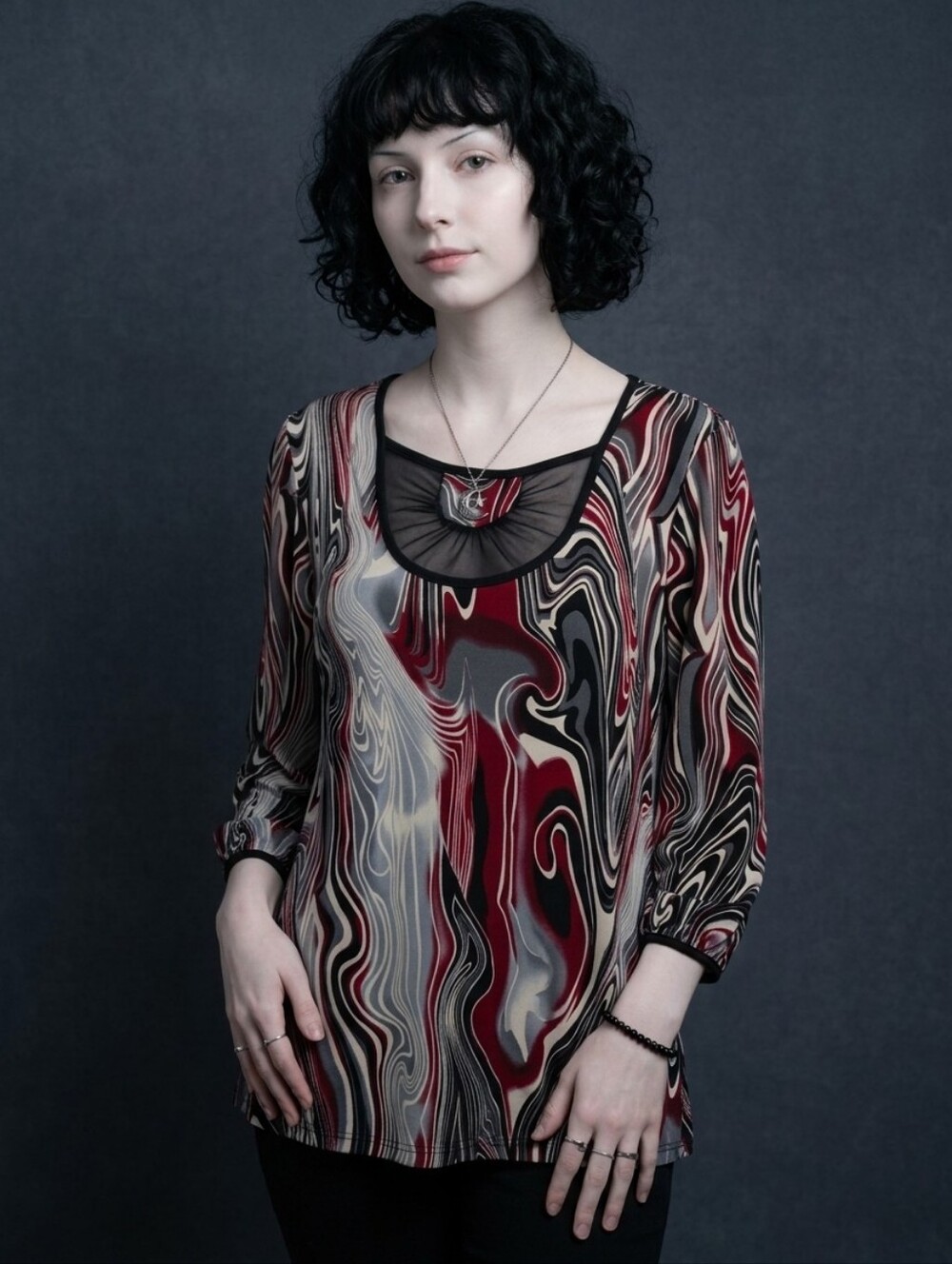 2/20$ LMX PLUS Abstract Swirl Print Fluid Tunic Mesh Detail,Whitchy Top,Size 20